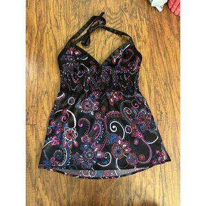 Vintage Y2K Guess Medium Black Pink Silky Floral Halter Top Blouse Festival